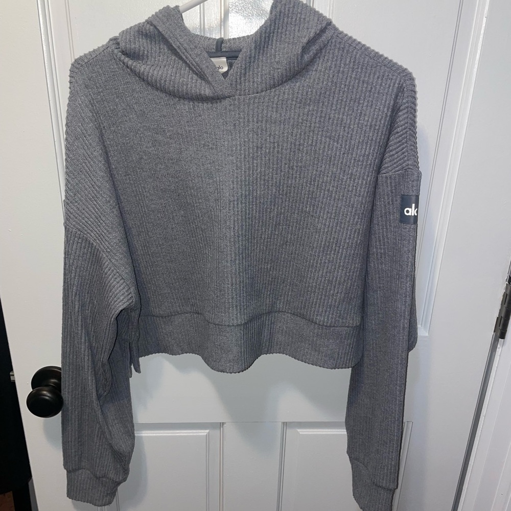 ALO Yoga Gray Ribbed Cropped Hoodie